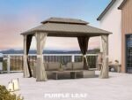 PURPLE LEAF 14' x Backyard Gazebo Champagne Hardtop Galvanized Steel Roof Awning and Upgrade Curtain