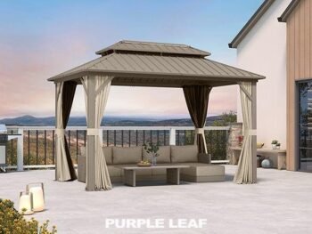 PURPLE LEAF 14' x Backyard Gazebo Champagne Hardtop Galvanized Steel Roof Awning and Upgrade Curtain