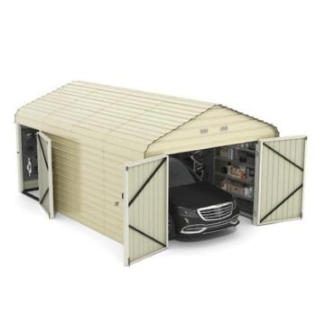 Noble House Tarian Outdoor 20 ft. W x 12 ft. D Cream Metal Open Front Garage Storage Shed with Skid Base