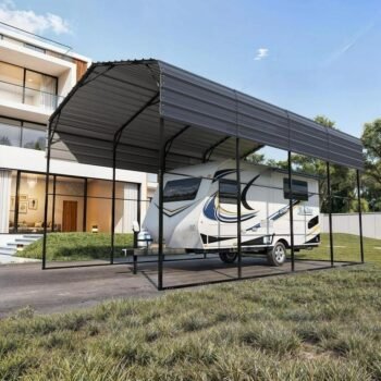 HOMMOW Gray 14 x 25 ft. RV Metal Carport Heavy Duty Shelter with Galvanized Roof and Powder-Coated Frame