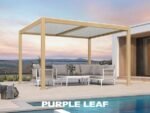 Purple Leaf Louvered Pergola Outdoor Wood Grain Aluminum Pergola with Adjustable Roof Patio Hardtop Gazebo for Deck Backyard Garden