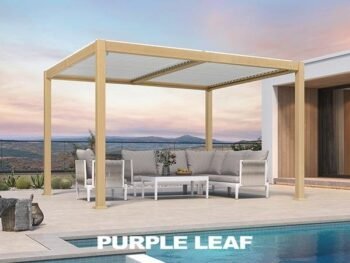 Purple Leaf Louvered Pergola Outdoor Wood Grain Aluminum Pergola with Adjustable Roof Patio Hardtop Gazebo for Deck Backyard Garden