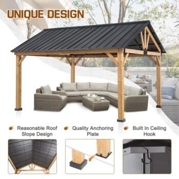 INMITOM 13 ft. Wood Hardtop Outdoor Patio Gazebo with Galvanized Steel Roof and Ceiling Hook