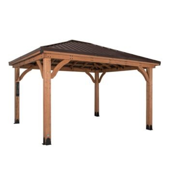 Range Lodge 14 ft. x Light Brown Cedar and Steel Outdoor Patio Gazebo with Steel Peak Lofted Roof and Ceiling Bracket