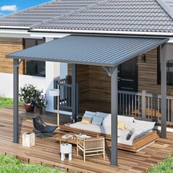 EROMMY Pergola Attached to House with a Galvanized Hardtop Roof