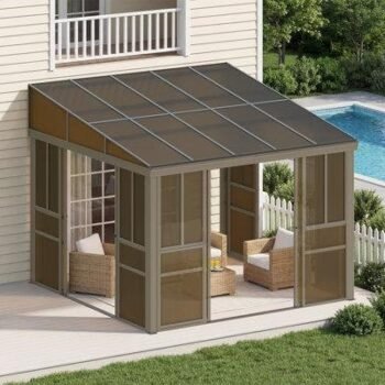 Sunroom Gazebo Polycarbonate Roof Outdoor Solarium With Sliding Door & Adjustable Window Panels