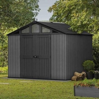 Keter Stronghold 2.0 10 ft. W x 8 ft. D Resin Plastic Outdoor Storage Shed with Floor in Grey