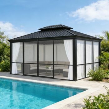 VEIKOUS 12 ft. x Sunroom Solarium 360° Transparent Outdoor Gazebo and Elegant Curtains