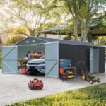Outdoor Metal Garage Shed, Extra Large Metal Carport With Lockable Double Hinged Doors, Heavy Duty Car Shelter For Car, Truck, Motorcycle And Lawn