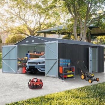 Outdoor Metal Garage Shed, Extra Large Metal Carport With Lockable Double Hinged Doors, Heavy Duty Car Shelter For Car, Truck, Motorcycle And Lawn